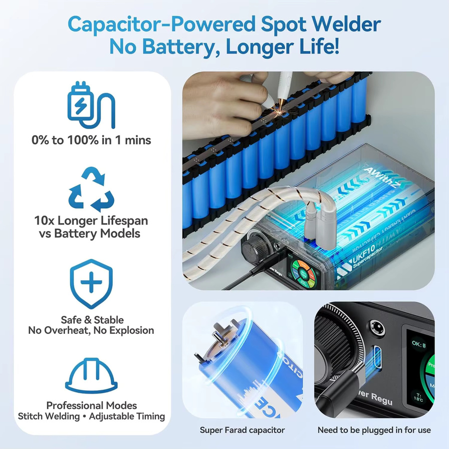 Awithz UKF10 Professioneller Superkondensator-Farad-Punktschweißer für Batteriepacks mit 3 Modi für 0,2 mm reines Nickel und 0,35 mm vernickelten Stahl - Bild 2