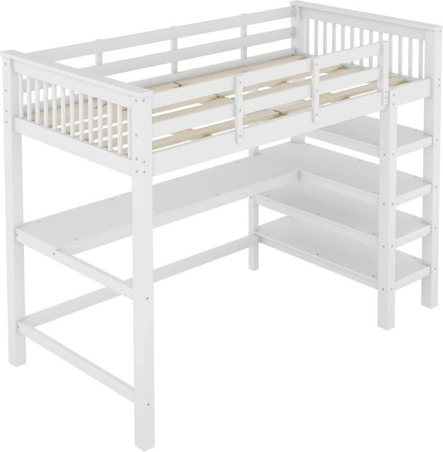 KOMHTOM Hochbett für Kinder in Weiß mit Schreibtisch und Stauraum aus Kiefernholz und MDF, B/T/H: 90 x 200 x 169,5 cm - Bild 1