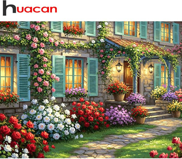 Huacan Diamant-Malset Frühlingsblumen-Haus Landschaft mit runden Steinen in Multicolour, Breite: 30,0 cm, Höhe: 20,0 cm - Bild 1
