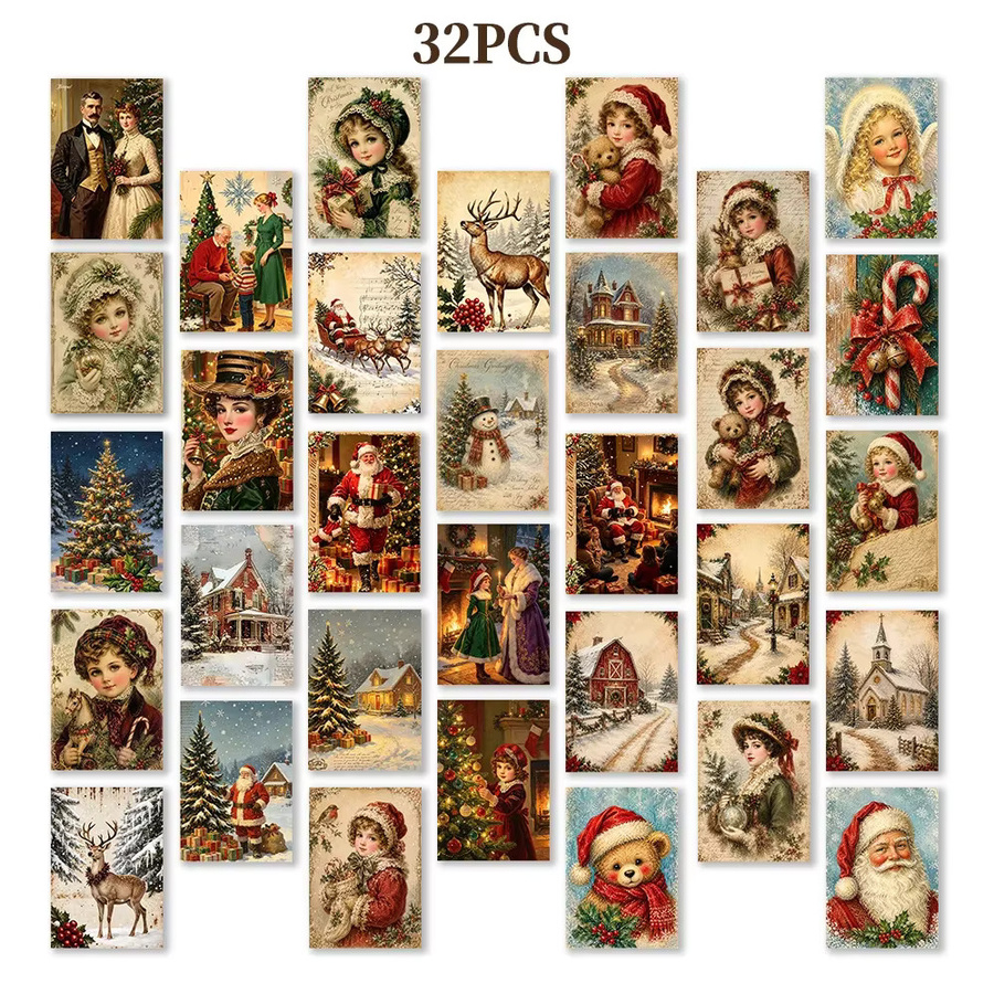 32 Stück Vintage-Retro-Weihnachtspostkarten in Multicolour aus Papier für DIY-Projekte und Wanddekoration - Bild 3