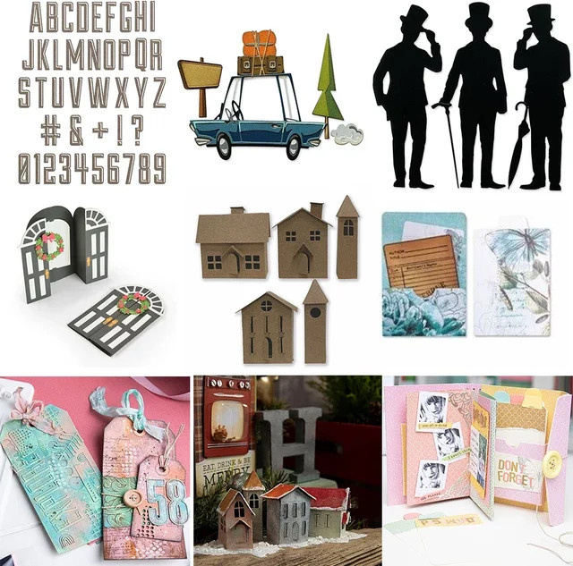 Metall Stanzform Set für DIY Scrapbooking und Bastelarbeiten mit Alphabet, Zahlen, Haus, Dorf und Auto in Multicolour - Bild 1