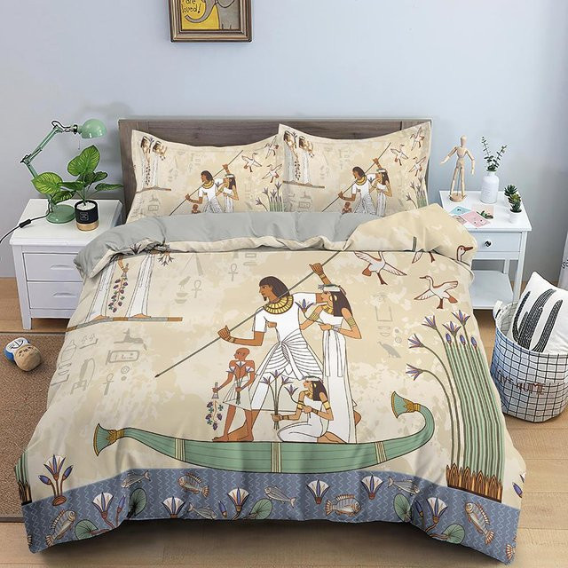 Bettwäscheset Ägypten mit altem Schriftbild, Pharao und Pyramiden, 3-teilig aus Mikrofaser, Beige, B/H: 150 x 200 cm - Bild 1