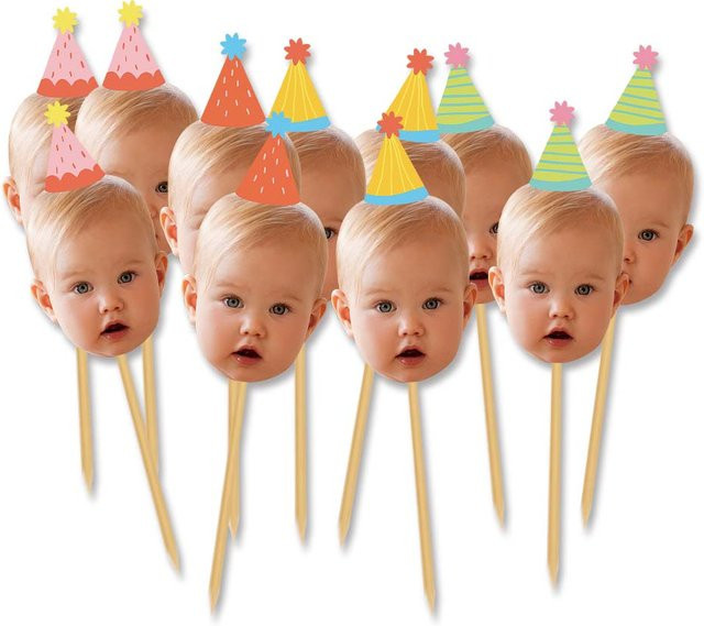 Personalisierte Geburtstagskuchenaufsätze von joy-enlife mit individuellem Foto und lustigem Partyhut-Design, Mehrfarbig - Bild 1