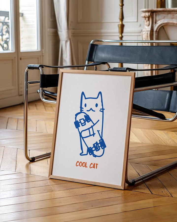 Modernes Poster mit Skateboard-Katze in Blau von SHENCHEN als digitale Wandkunst für Katzenliebhaber - Bild 3