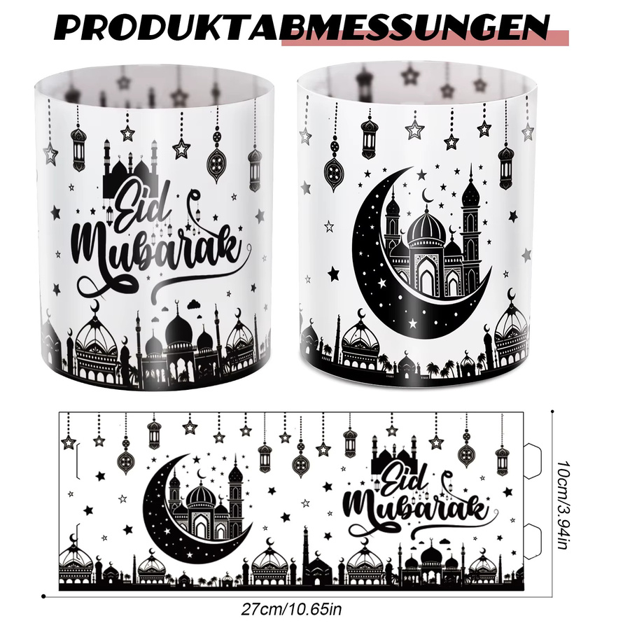 12 Stück Eid Mubarak dekorative Lampenschirme im orientalischen Stil, schwarz-weißes Design aus Papier, Zylinderform - Bild 2