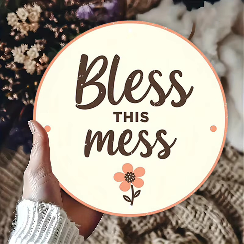 Potdemiel Bless This Mess Rundes Wandkunstschild aus Metall im Vintage-Design mit floralem Muster, Durchmesser: 20 cm - Bild 5