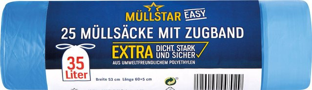 müllstar easy Müllsäcke 35 Liter mit Zugband, blau/transparent, 25 Stück - Bild 1