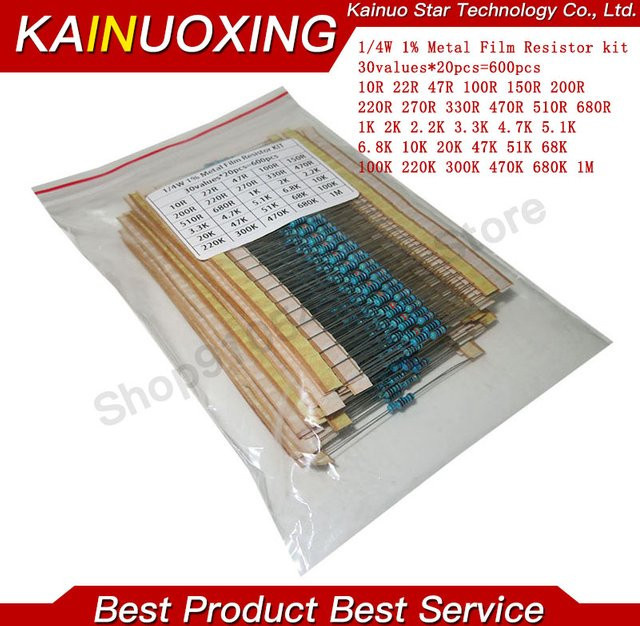 KAINUOXING Widerstands-Set mit 600 Stück 1/4W Metallfilm-Widerstände 1% Toleranz, 30 verschiedene Werte sortiert - Bild 1