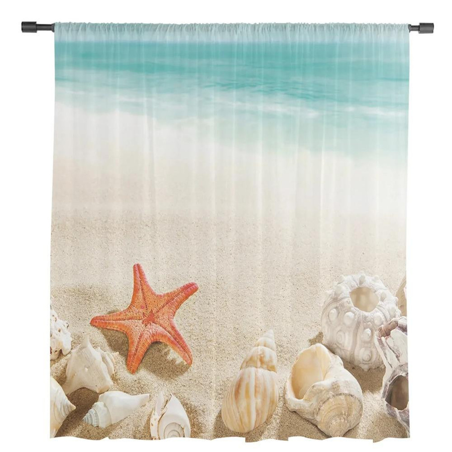 Yiran Furniture Transparent Voile Vorhang mit Ozean Strand Seestern Muschel Design, B: 135 cm, H: 160 cm, Mehrfarbig - Bild 2