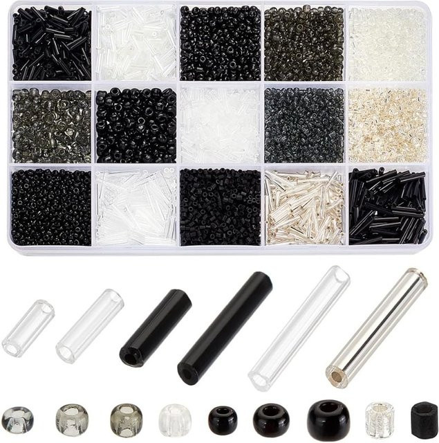 Glas-Rocailles, Röhrenperlen, Signalhornperlen, schwarz, weiß, Mini-Perlen - Bild 1