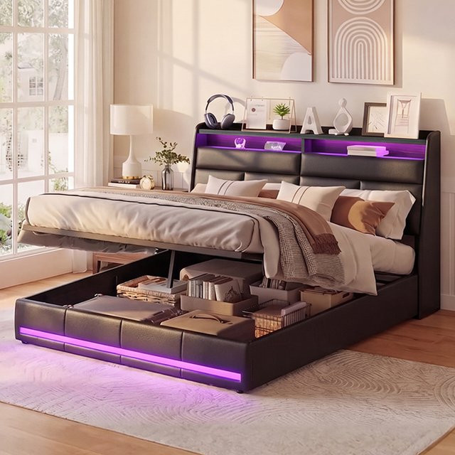 FEEOHOME Polsterbett mit Stauraum in Schwarz, Doppelbett mit hydraulischem Bettkasten und Lattenrost, B/T/H: 140 x 200 cm - Bild 1