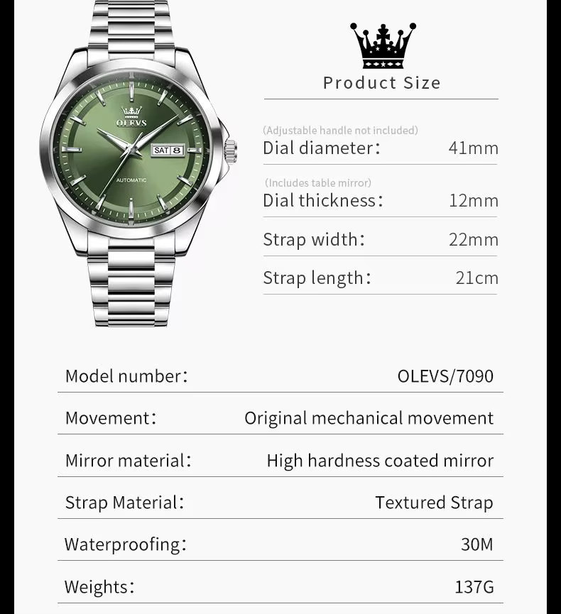 OLEVS Armbanduhr, Automatik, Edelstahl, Bicolor, Grün, Herren - Bild 6