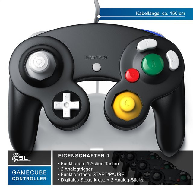 CSL Nintendo Controller Gamepad für Nintendo GameCube und Wii in Schwarz mit Vibrationseffekten und ergonomischem Design - Bild 1