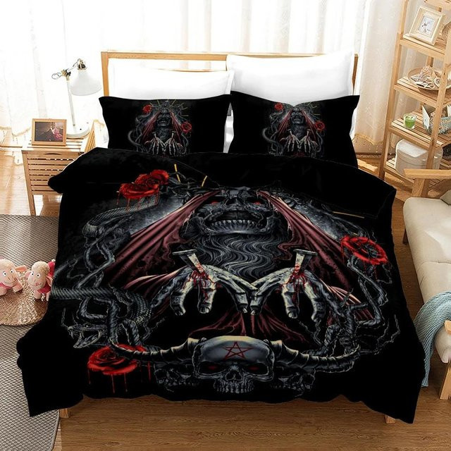 Binchi Gothic Totenkopf Bettwäsche-Set aus Polyester in Schwarz, B/H: 140 x 210 cm - Bild 1