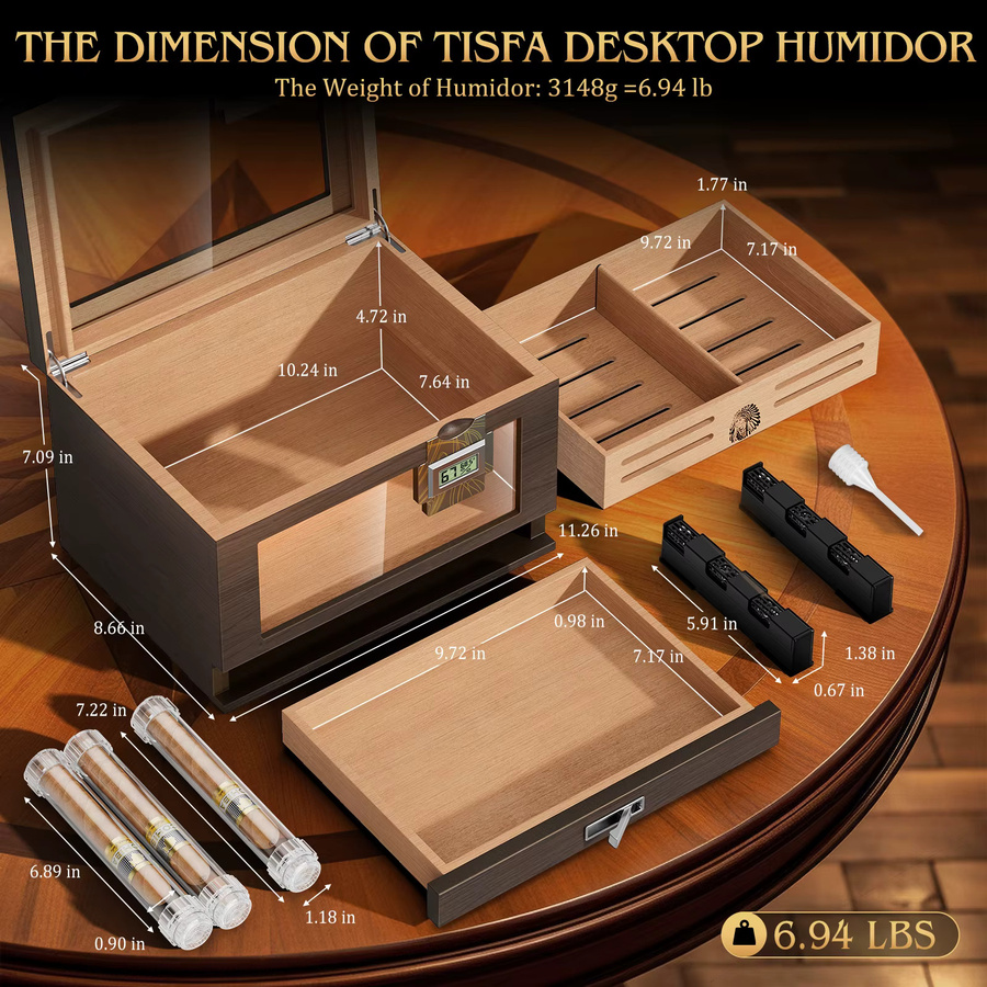XIFEI Zigarren-Humidor aus Zedernholz in Braun mit 2 digitalen Hygrometern, 2 Befeuchtern, Zedernholztablett, Trennwand, Zubehörschublade und Zigarrenröhren-Set - Bild 2
