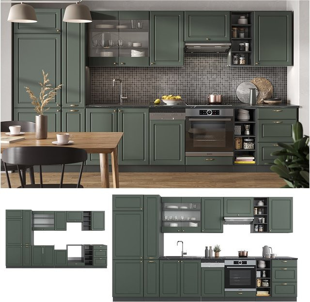 Vicco Küchenzeile Fame-Line Einbauküche im Landhausstil, Anthrazit Grün Gold, 355 cm - Bild 1