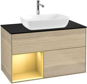 V&B Waschtischunterschrank Finion 100 in Beige mit Eichenholz-Regal und lackierter Oberfläche, Breite: 100 cm, Höhe: 50,1 cm, Tiefe: 50,1 cm - Bild 1