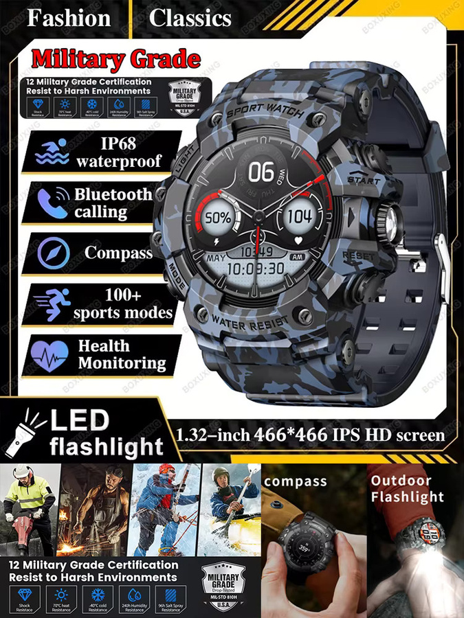 BOXUXING Militär Outdoor Smartwatch für Männer in Grün mit Bluetooth Anruffunktion, Herzfrequenzmessung, Kompass und IP68 Wasserdichtigkeit - Bild 6