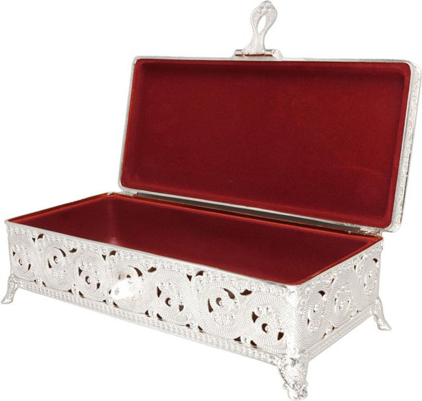 Vintage Schmuckdose aus Metall mit weichem Samt-Inlay in Silber, rechteckige Schmuckschatulle mit floralem Design - Bild 1