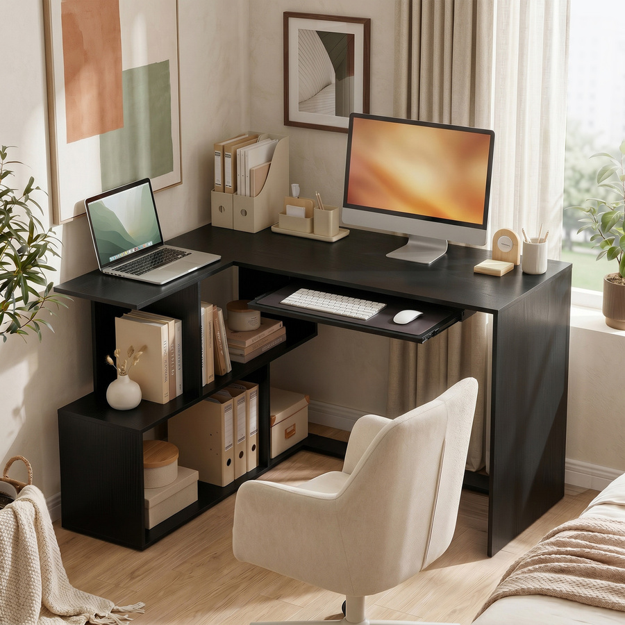 HOMCOM Eckschreibtisch L-Schreibtisch mit Tastaturauszug und 4 offenen Fächern in Schwarz, B/T/H: 120 x 100 x 76 cm - Bild 2