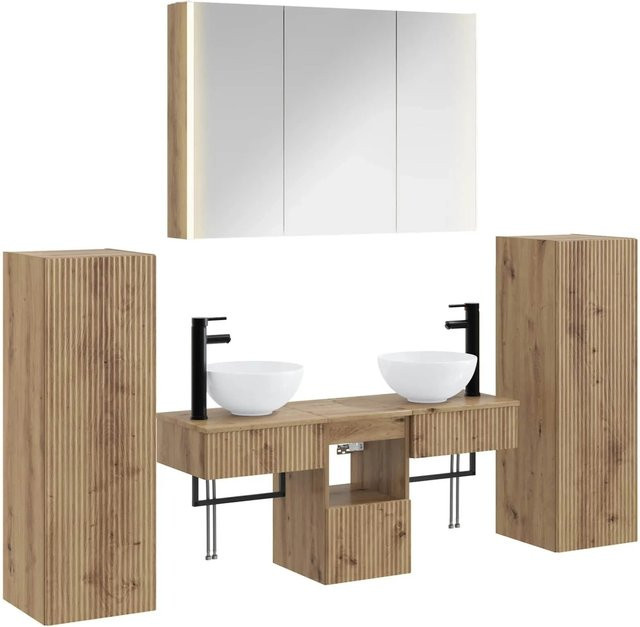 vidaXL Badezimmermöbel-Set 6-teilig aus Artisan-Eiche und Glas in Braun mit LED-Beleuchtung und Spiegel - Bild 1