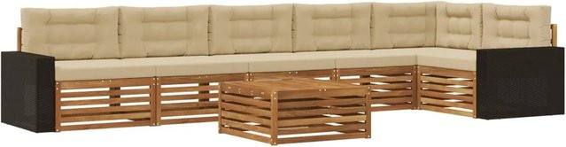 vidaXL Outdoor-Sofagarnitur aus Akazienholz in L-Form, 7-teiliges Set mit Polstern in Natur und Beige, B/T/H: 79 x 79 x 37 cm - Bild 1