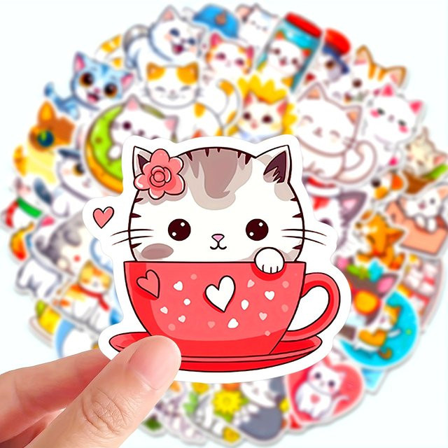 50 Stück Cartoon-Katze-Doodle-Aufkleber aus Vinyl in gemischten Farben für Scrapbooking und Planer - Bild 1