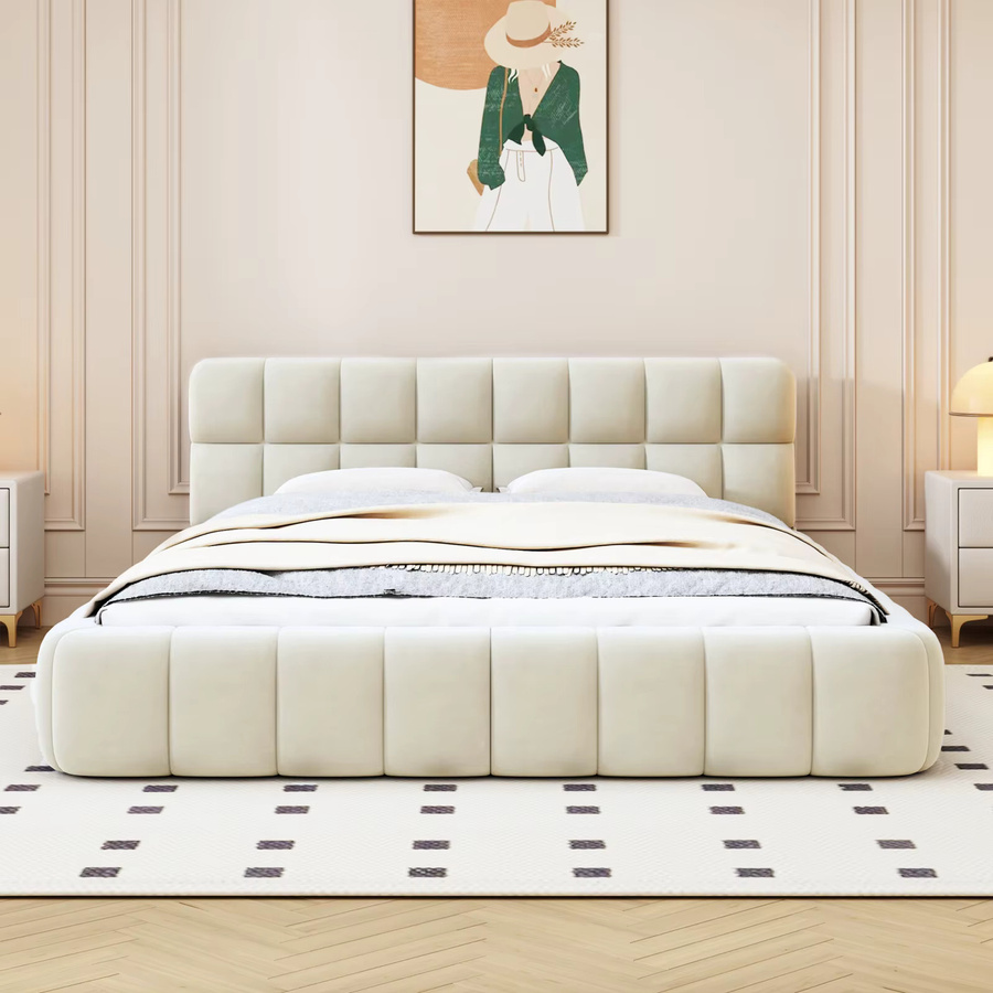 Anajqaqia Bubble Bed gepolstertes Doppelbett mit Bubble-Tufting und Seitengittern aus Leinen, Beige, B/T: 140 x 200 cm - Bild 2
