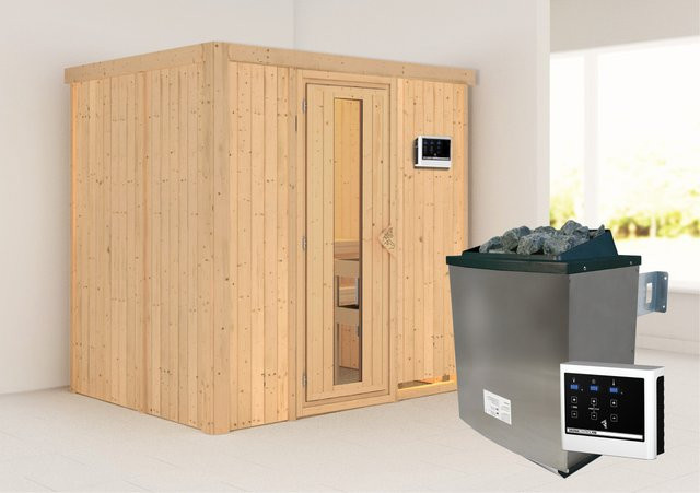 Karibu Sauna Bjar aus nordischer Fichte in Braun mit Ofen, Tür und externer Steuerung, B/T/H: 196 x 151 x 198 cm - Bild 1