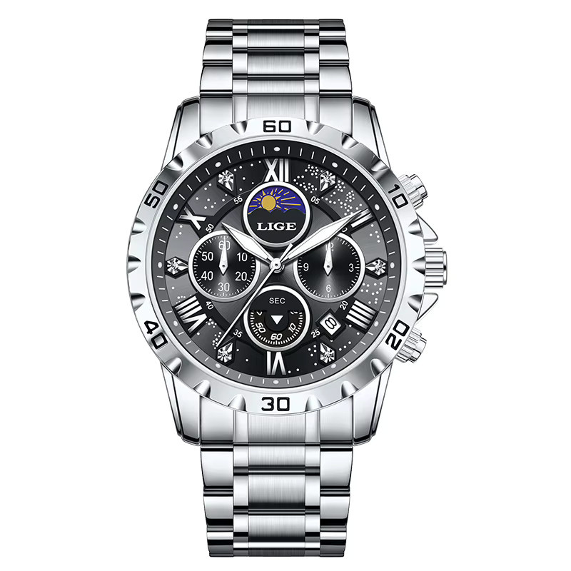 LIGE Armbanduhr Chronograph, Edelstahl, Quarz, Schwarz, Herren - Bild 7