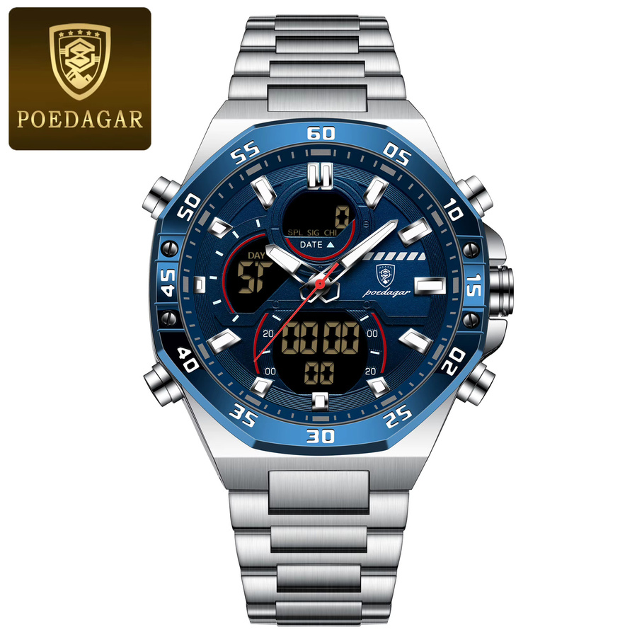 POEDAGAR Digitaluhr, Quarz, Edelstahl, Blau, Herren - Bild 7