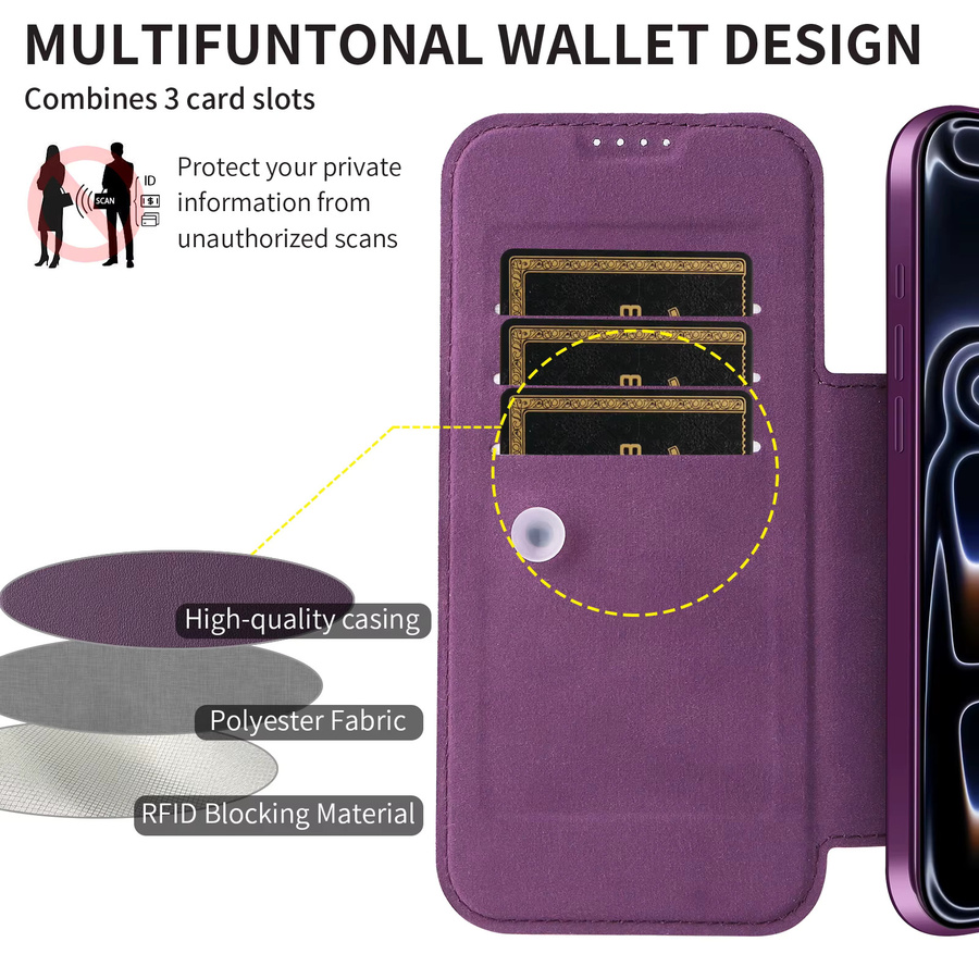 Magnetische Kunstleder Handyhülle für iPhone 17 Pro Max mit Kartenfach und Linsenschutz in Grün und Lila - Bild 4