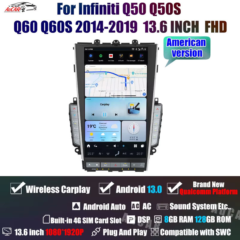 AuCar Mark7 T-Style Android Head Unit Radio für Infiniti Q50 Q50S Q60 Q60S 2014-2019 mit GPS und 13,6 Zoll Display in Schwarz - Bild 6