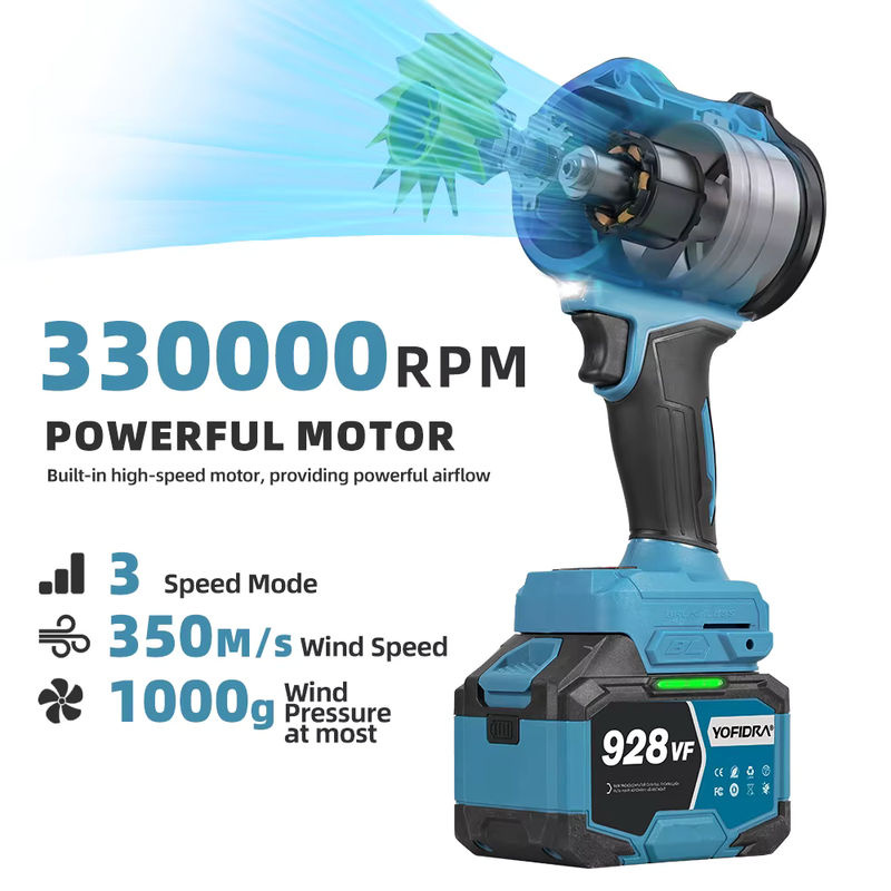 YOFIDRA Bürstenloser Elektrischer Turbo-Lüfter Blau, Handgehaltene Staubluftpistole mit 330000RPM und 350M/S für Makita 21V Akku - Bild 2
