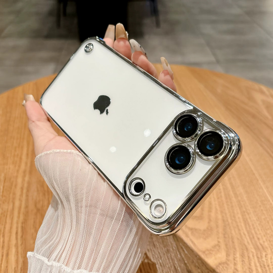 szHAIyu Transparente Handyhülle für iPhone 11 bis iPhone 17 Pro Max, Ultradünne rahmenlose Hartschale mit galvanisiertem Rand in Transparent und Grau - Bild 1