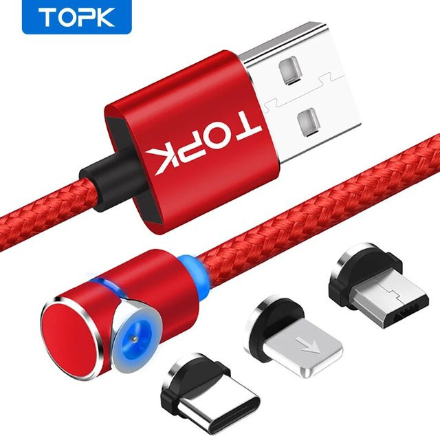 TOPK Magnetisches Ladekabel mit LED-Licht, 360 Grad rotierender 90 Grad Winkelverbinder und geflochtener Nylonschnur in Rot - Bild 1