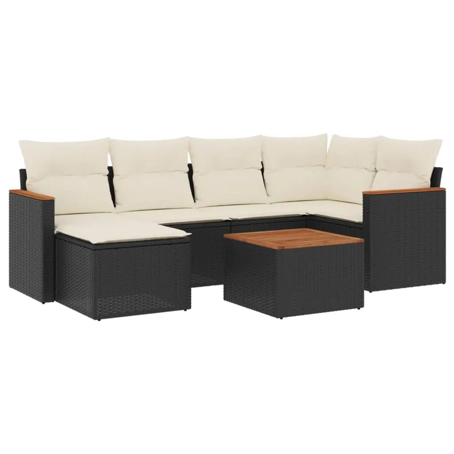 vidaXL 7-tlg Garten-Sofagarnitur in L-Form aus Poly-Rattan und Akazienholz mit Kissen in Schwarz und Cremeweiß - Bild 2