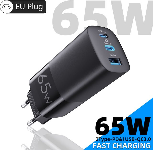 TOPADRE GaN 65W USB-C Ladegerät in Schwarz mit Schnellladefunktion PD3.0 QC4.0 QC3.0 für iPhone, Samsung und Laptop - Bild 1