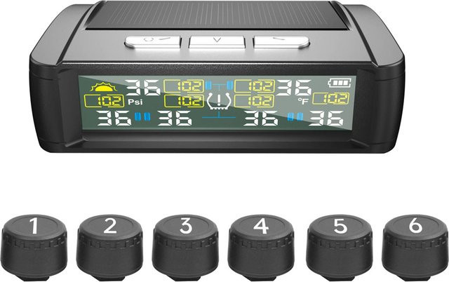 TOMTOP JMS Kabelloses Solar-Reifendrucküberwachungssystem mit 6 externen Sensoren in Schwarz mit USB-C Anschluss - Bild 1