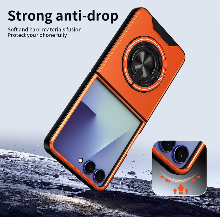 Stoßfeste Panzer-Handyhülle für Samsung Galaxy Z Flip mit Kameraschutz, Ständer und Magnetverschluss in Blau oder Orange - Bild 2