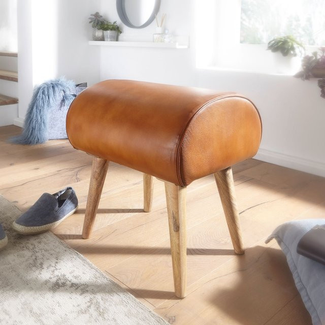 FineBuy Sitzhocker aus Echtleder und Holz in Braun, B/T/H: 45 x 53 x 40 cm - Bild 1