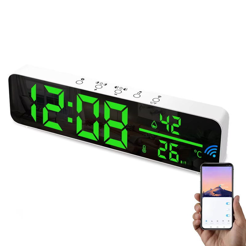 Tuya WiFi LED Desktop Wecker mit Temperatur- und Feuchtigkeitssensor, Spiegel-Display und USB-Anschluss, Weiß - Bild 7
