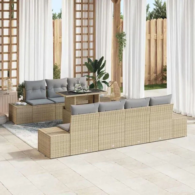 Vidaxl Garten-Sofa-Set aus 8 Teilen in Beige und Grau aus Polyrattan und Stahl mit Glastisch B/T/H: 100 x 55 x 73 cm - Bild 1