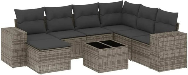 vidaXL 8-tlg. Garten-Sofagarnitur in L-Form aus Polyrattan mit Kissen und Couchtisch, Grau - Bild 1