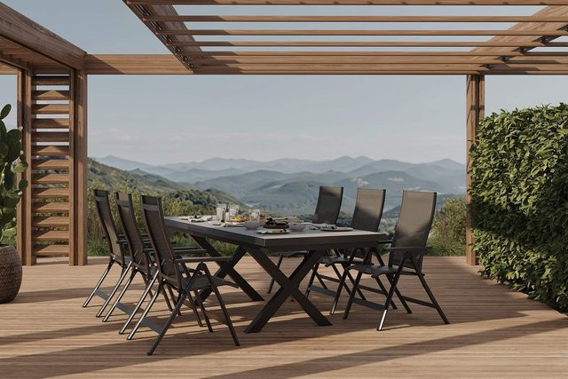 OUTFLEXX Serro Garten-Essgruppe aus Aluminium, Steinimitat und Textilene in Anthrazit Matt, ausziehbarer rechteckiger Tisch mit 6 Klappstühlen, B/T: 200 bis 260 x 100 cm - Bild 1