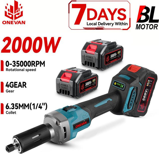 ONEVAN Bürstenloser Elektrischer Schleifer 2000W mit 35000 U/min, Kabelloser Polierschleifer mit 4 Geschwindigkeiten für Holz und Metall, kompatibel mit Makita 18V Akku - Bild 1