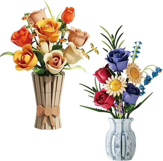 AMAZINGBLOKS Bausteine Blumenstrauß mit Rose, Sonnenblume und Tulpe in Vase als pädagogisches Spielzeug für Kinder zur Dekoration - Bild 1