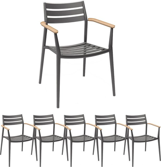 6er Set Solpuri PIA Stapelsessel mit Teak-Armlehnen und Aluminiumgestell in Anthrazit und Braun - Bild 1