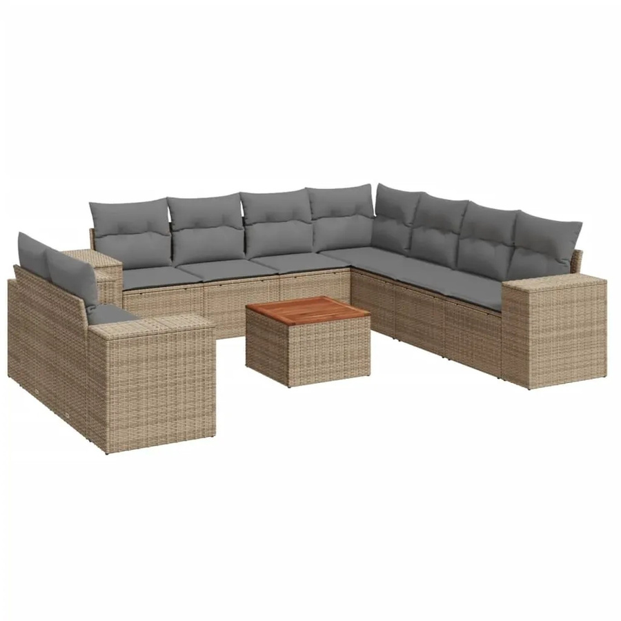 vidaXL 10-tlg. Garten-Sofagarnitur in L-Form aus Polyrattan und Akazienholz mit Kissen, Beige - Bild 2