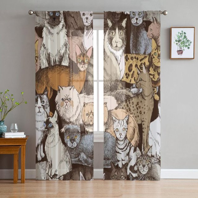 Super Six Transparente Chiffon Vorhänge mit handgezeichnetem Katzen-Motiv, Schwarz/Mehrfarbig, Breite: 135 cm, Höhe: 114 cm - Bild 1